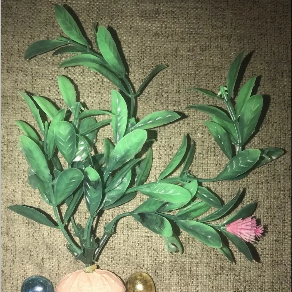 Aquarium Decor Fish Tank Ornament Green Plant Flower & Colored Marbles Pebbles